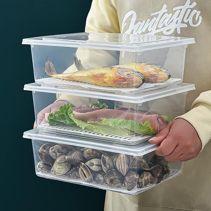Food Storage Container, Plastic Food Containers with Removable Drain Plate and Lid, Stackable Portable Freezer Storage Containers - Tray to Keep Fruits, Vegetables, Meat (X-Large(4PCS))