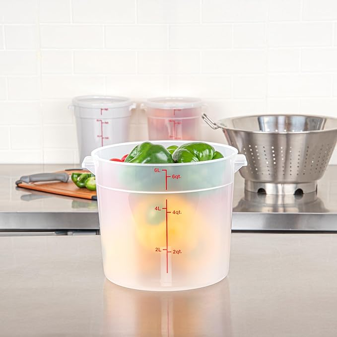 Restaurantware-Met Lux 6 Quart Food Storage Containers, 10 Translucent Storage Containers - Lids Sold Separately, Red Volume Markers, Dishwashable Containers, Side Handles, For Storing Foods