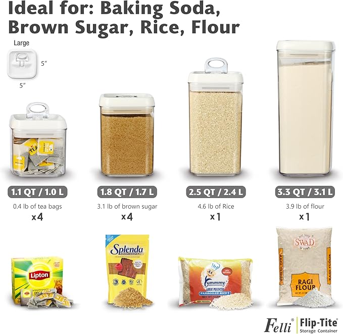 Felli Flip Tite Food Storage Container with Lid 5" LARGE Airtight Easy Open Ring Top, Acrylic Canister Jar for Sugar Flour Baking Powder Protein Rice Pasta Kitchen Organizer Gift Set (10pk, Variety)