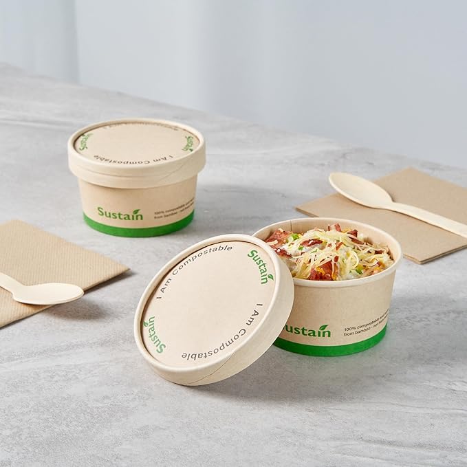 LIDS ONLY: Sustain Round Paper Soup Container Lids, 200 Disposable Ice Cream Cup Lids - Cups Sold Separately, For 8 Ounce Cups, Bamboo To Go Cup Lids, With PLA lining, Compostable - Restaurantware