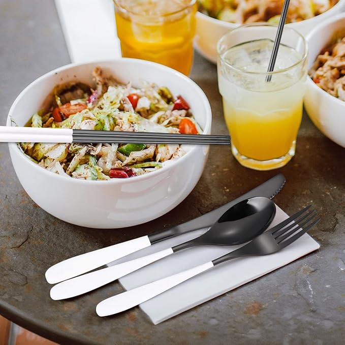 AARAINBOW 7 Pieces 18/8 Stainless Steel Flatware Set Portable Reusable Cutlery Set Travel Utensils Set Including Chopsticks Knife Fork Spoon Straws Cleaning Brush Dishwasher Safe (Y-Black white)