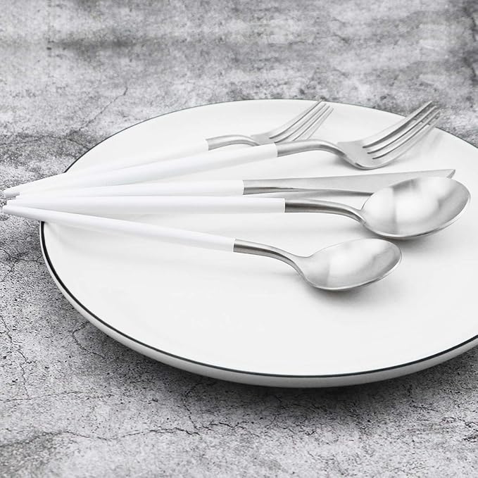 20-Piece 18/10 Stainless Steel Flatware Silverware, Luxury Dinnerware Set Travel Cutlery Tableware Include Knife Fork Spoon Service for 4, Dishwasher Safe (White Handle Matte Silver)