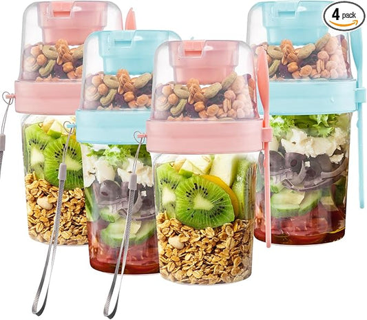 TINSKY 4 Pack 27oz Yogurt Parfait Cups with Lids and Spoons, Overnight Oats Containers, Reusable Topping Compartment for Breakfast with Yogurt, Cereal or Oatmeal On-the-Go
