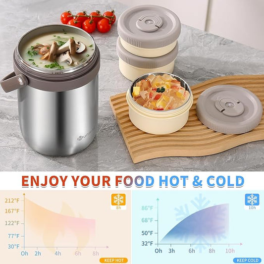 Adults Lunch Vacuum Soup Thermos For Hot Food with Inserts Stackable Bento Box Storage Container,Width Mouth Stainless Steel Portable Insulated Food Jar (silvery, 74 oz)
