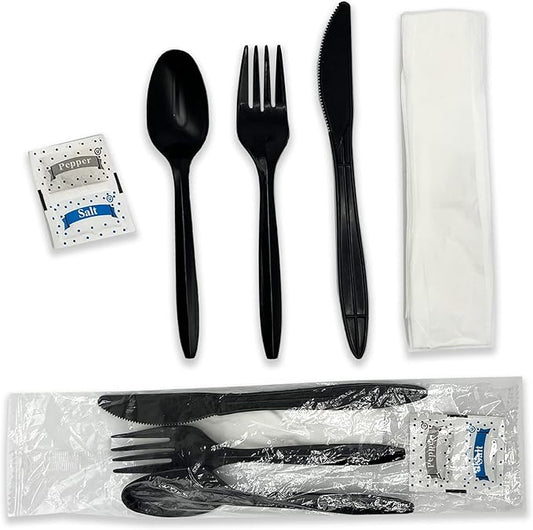 Individually Wrapped Plastic Cutlery Set with Napkin + Salt & Pepper Packets in Black (50 Count) Prewrapped Disposable Silverware Bags, Bulk Utensils: Fork, Knife, and Spoon for Togo Eating