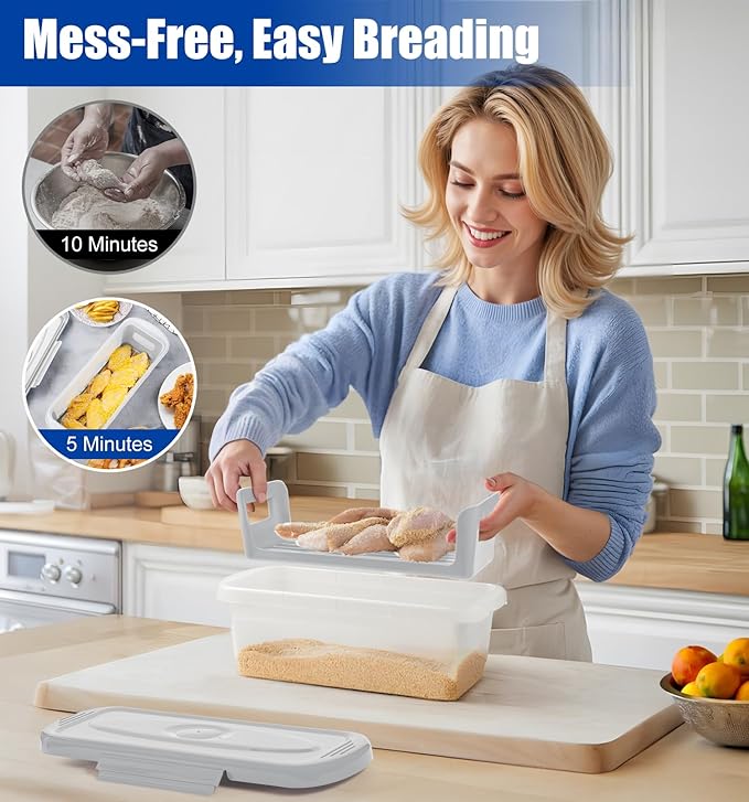 Batter Breader Shaker Bowl with Lid, 2-pack Mess Free Breading Shaker Bowl, Fish Batter Shaker Container with Breading Tray, Batter Bowl Shaker for Fish Frying Chicken Wings Fish Onion Rings Veggies