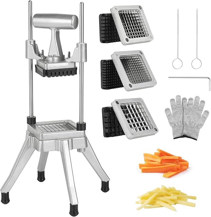 Commercial Vegetable Chopper & French Fry Cutter Stainless Steel - Includes 3 Blade Sizes (1/2",3/8",1/4")- Perfect for Home Kitchen or Restaurant Use - Dices, Slices & Chops Fruits and Potato