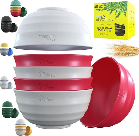 6 Wheat Straw Bowls 60 OZ - Large for Eating, Soup, Salad, Serving, Mixing, Cereal, Ramen, Rice, Popcorn - Microwave Safe