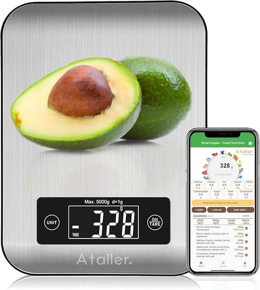 Ataller Smart Food Nutrition Scale, Digital Kitchen Scales with Smart App for Meal Planning, Tracking Calorie Value and Food Nutritional Counting, Resolution 1g, Max 5kg 11Ib, 304 Stainless Steel