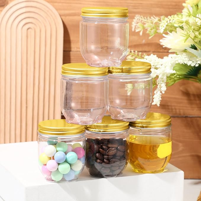 Tanlade 60 Pcs 4 oz Clear Plastic Wide Mouth Mason Jars with Lids Small Honey Jar Mini Storage Containers Bulk for Herb Jelly Butter Wedding Favors Shower Party(Gold)