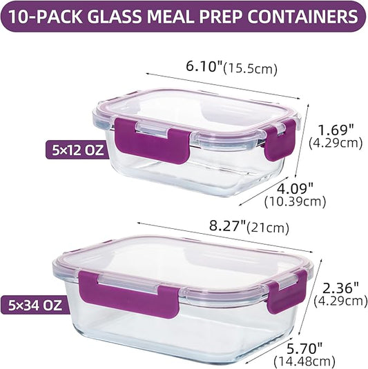 10 Pack Glass Food Storage Containers with Airtight Lids, Ideal for Meal Prep, Lunches - Microwave and Dishwasher Safe, Deep Purple