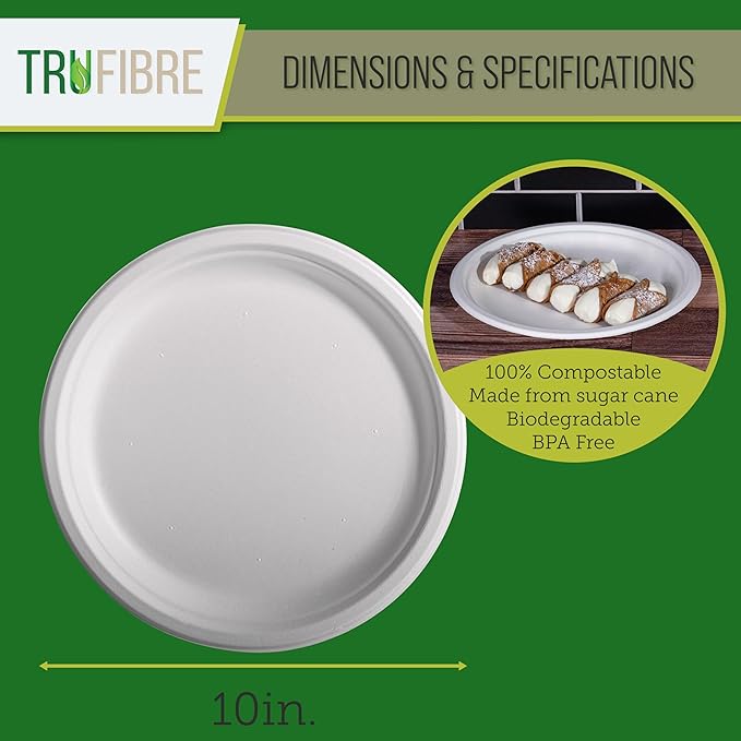 10" Paper Plates, Compostable Bagasse Food Container, Disposable, Microwave Safe for Lunch, Dinner, Party, Supplies, Events, Bulk, 125 Pack