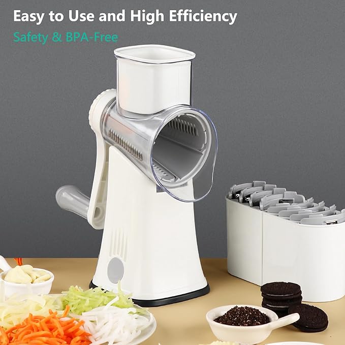 Rotary Cheese Grater 5 in 1 Cheese Grater with Handle Vegetable Slicer with 5 Interchangeable Blades, Storage Box, Green Cheese Shredder with Strong Suction Base for Kitchen (White)