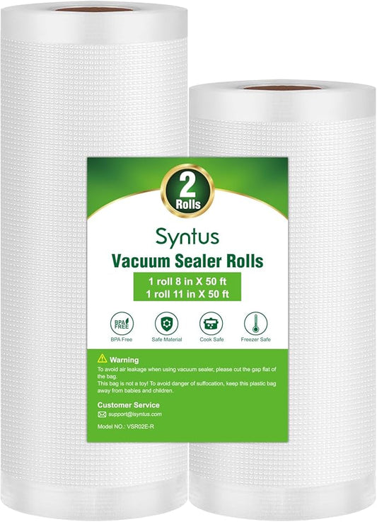 Syntus Vacuum Sealer Bags for Food, 1 Roll 8" x 50' and 1 Roll 11" x 50' Commercial Grade Bag Rolls, BPA Free Food Vac Bags for Storage, Meal Prep or Sous Vide