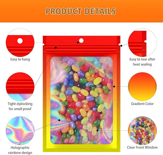 100 Pieces Resealable Mylar Bags, Smell Proof Bags with Clear Window for Food Storage Party Favor Packaging Small Business (Orange&Yellow, 2.8×4 Inch)