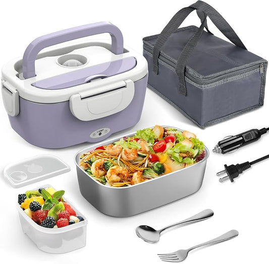 Purple Electric Lunch Box Food Heater, 60W-80W Heated Lunch Box for Woman, 12V 24V 110V Portable Food Warmer Lunchbox for Car Truck Work with Removable 304 SS Container, Christmas Gift