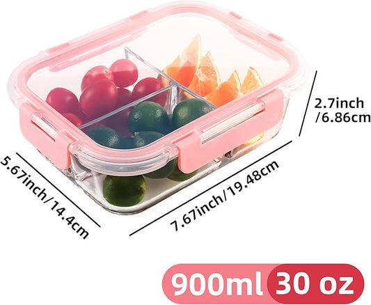 Glass Meal Prep Containers 3 Compartment with Lids (5 Pack, 36oz), Divided Glass Storage Containers for Lunch at Work, Leak-Proof Portion Control Food Containers, Microwave / Dishwasher Safe