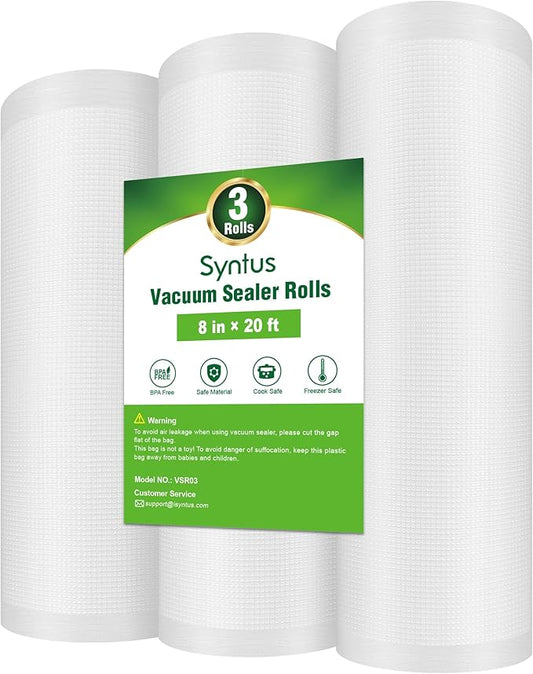 Syntus Vacuum Sealer Bags for Food, 3 Rolls 8" x 20' Commercial Grade Bag Rolls, BPA Free Food Vac Bags for Storage, Meal Prep or Sous Vide