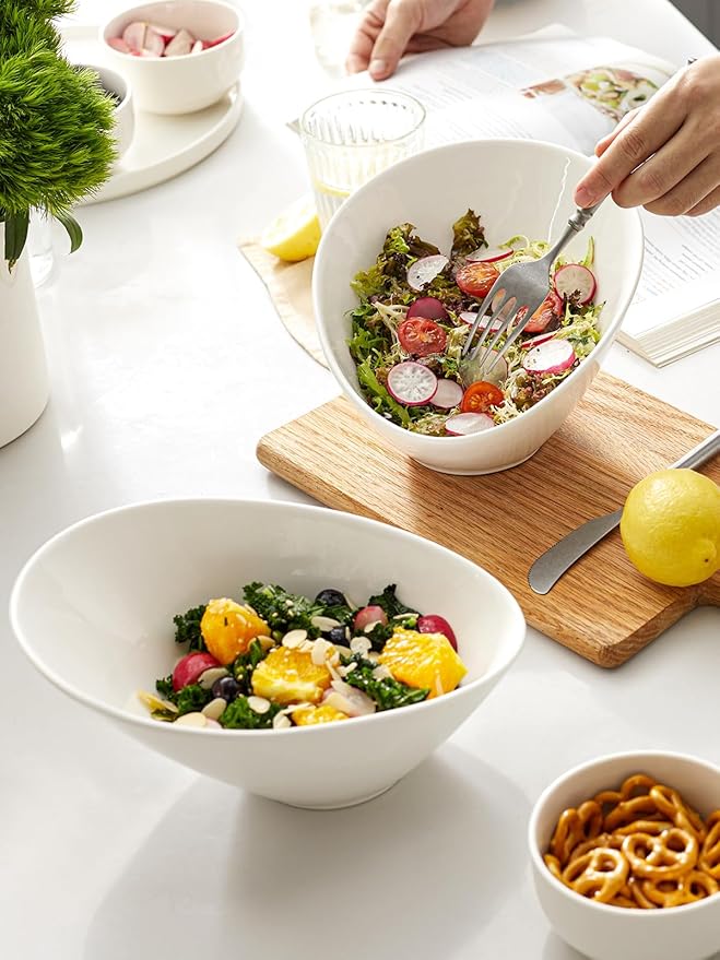DOWAN 23 OZ Slanted Salad Bowls of 2 Packs - 9.5" Angled Serving Bowls for Salad, Pasta, Fruit, Sauce - Ceramic White Bowls for Restaurant, Daily Use - Dishwasher & Microwave Safe