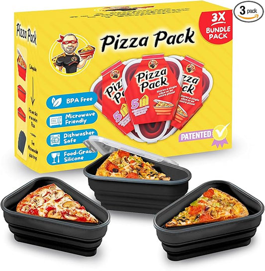 PIZZA PACK The Perfect Reusable Pizza Storage Container with 5 Microwavable Serving Trays - BPA-Free Adjustable Pizza Slice Container to Organize & Save Space, 3 Pack, Black