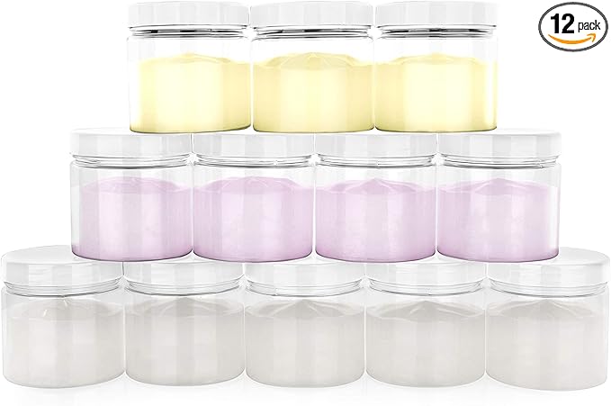 4oz Plastic Jars with Lids - Small Clear Jars with Lids - Lotion Containers with Lids | 4 oz Plastic Mason Jars with lids | Cream and Cosmetic Jars (12 pack) (White)