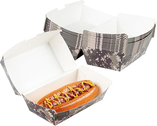 Restaurantware Bio Tek 6.7 x 3.5 x 3.5 Inch Clamshell Food Containers 100 Disposable Sandwich Containers - Hinged Lid Tab-Lock Closure Camouflage Paper Hot Dog Containers Durable Greaseproof