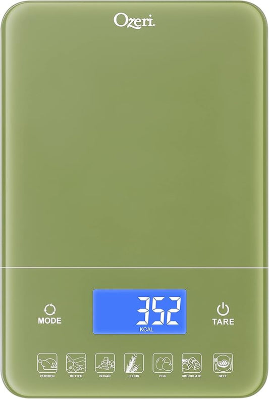 Ozeri Touch III Digital Kitchen Scale with Calorie Counter, 22 lbs (10 kg), Calla Green
