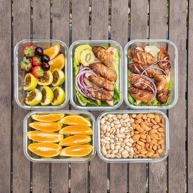 Bayco Large Glass Meal Prep Containers, [5 Pack, 36oz | 4.5cups] Glass Food Storage Containers with Lids, Airtight Glass Bento Boxes, BPA Free & Leak Proof (5 lids & 5 Containers)