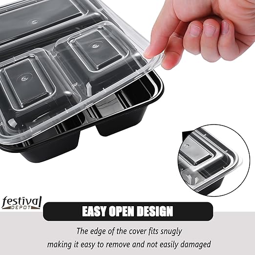 150 Pack Meal Prep Containers, 43 OZ Bento Box, 3 Compartment Divided Food Storage Containers Durable Stackable Reusable, For Microwave/Dishwasher/Freezer（150 Trays & 150 Lids）