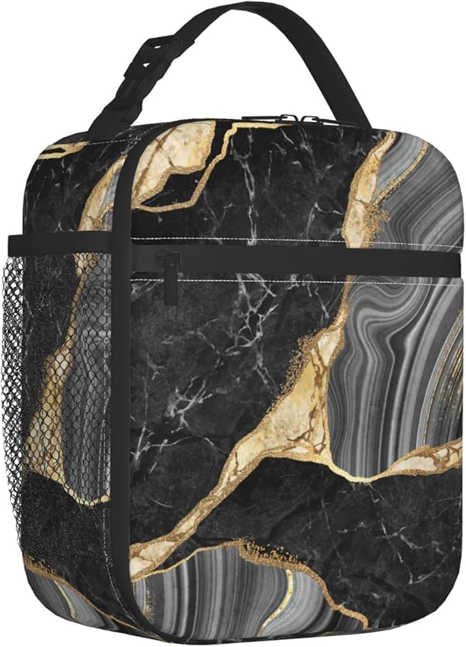 YETTA YANG Marble Black And White Gold Portable Lunch Bag Insulated Lunch Box Reusable Totes For Women Men Work Picnic Camping