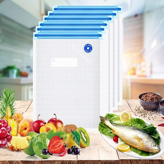 Reusable BPA Free Vacuum Sealer Bags (8.5 * 8.5in), 31 Pcs (24 Pcs Vacuum Zipper Bags & 2 Seal Clips & 5 Air Valves), Plastic, Clear, Double Zipper Seal, Microwaveable, Food Storage, Cooking