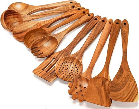 Premium Wooden Spoons for Cooking – 10 Pcs Wooden Utensils Set Teak Wooden Spatulas & Wooden Spoons for Nonstick Cookware – Heat Resistant, Lightweight & Durable