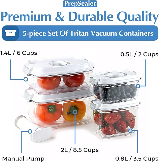 Food Storage Vacuum Container 4-piece Container with Maunal Pump, BPA free, Tritan, Keep food and ingredients fresh up to four times longer than conventioal storeage.