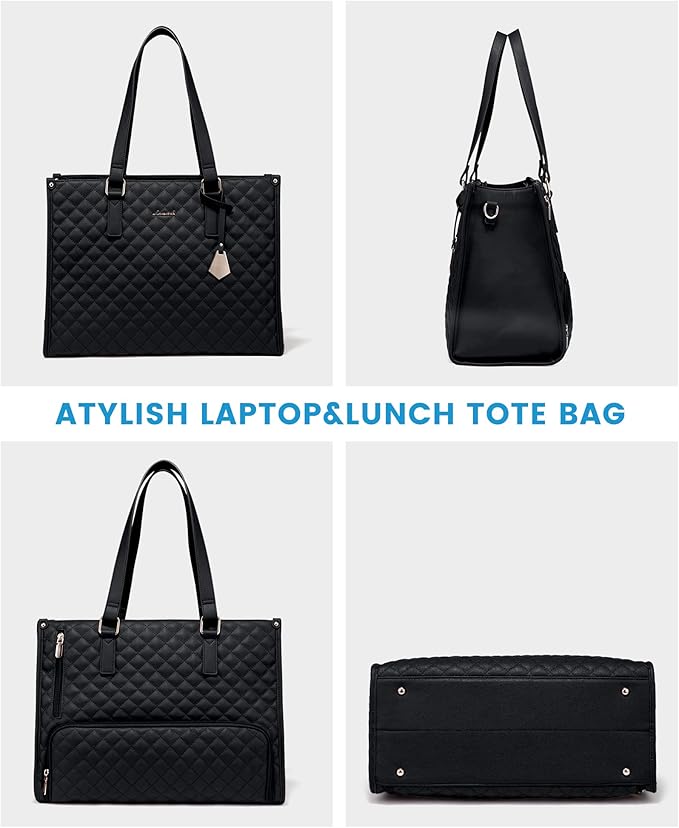 LOVEVOOK Lunch Tote Bag for Women, 15.6 Inch Laptop Bag with Insulated Lunch Compartment, Quilted Large Capacity Computer Handbag with Purse for Business, Work, Nurse, Office, Collage, Casual, Black