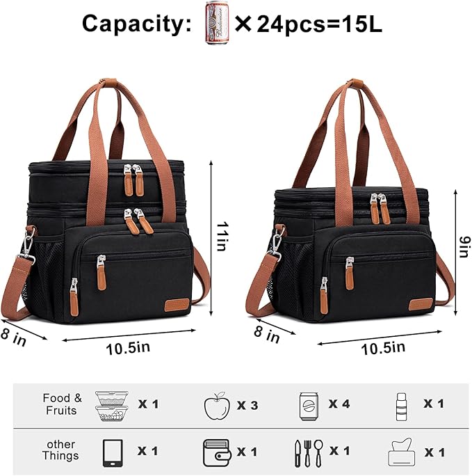 Weitars Lunch Bag For Women Men-Dual Compartment Large Lunch Box For Men Adult Lunch Box For Nurse Office Working Picnic Hiking (15L, Black/kahki)
