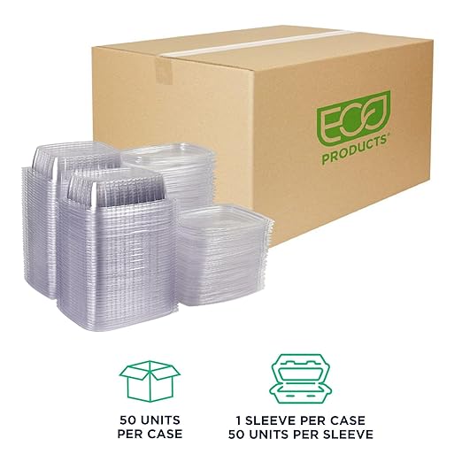 ECO PRODUCTS Compostable 24oz Clear Rectangular Deli Containers With Lids, Pack of 50, Meal Prep, Made from PLA Plastic, A Renewable Material Made from Plants, One Lid Works With All