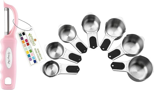 Spring Chef Premium Swivel Vegetable Peeler, Pink Lemonade & Stainless Steel Magnetic Measuring Cups, Set of 7, Black - 2 Product Bundle