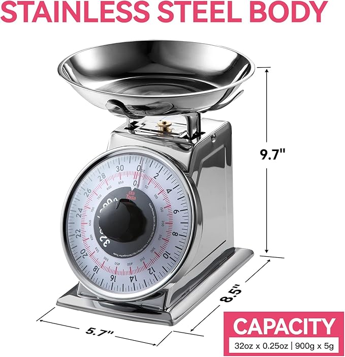 Tada 2 Pound Precise Portions Analog Food Scale 32 Ounces Stainless Steel Mechanical Kitchen Scale Removable Bowl, Tare Function, Retro Style, Kitchen Friendly