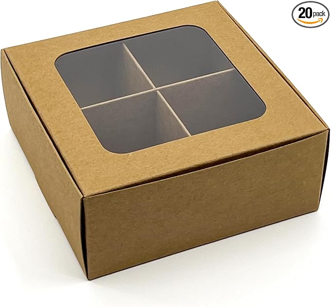 Treat boxes with window and dividers | 4 SMALL compartments | 4.5 x 4.5 x 1.9 in | Chocolate covered strawberries supplies, macaron boxes, baked goods packaging | 20-pack (Kraft)