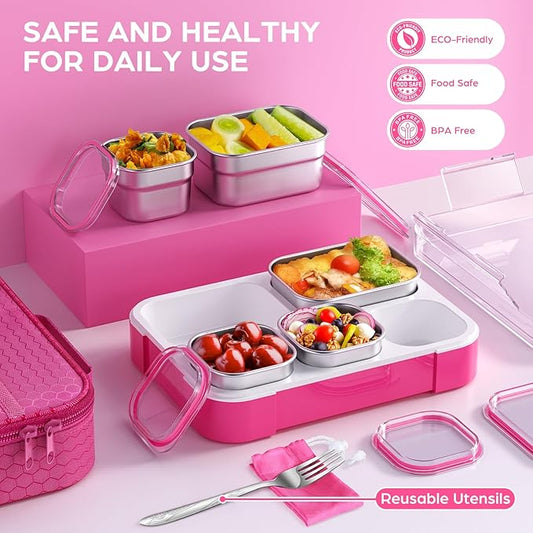 Stainless Steel Bento Lunch Box for Kids Adult - Leakproof BPA-Free School Lunch Container with 5 Compartment and Lunch Bag Set for Toddler Child Bento Box (Pink)