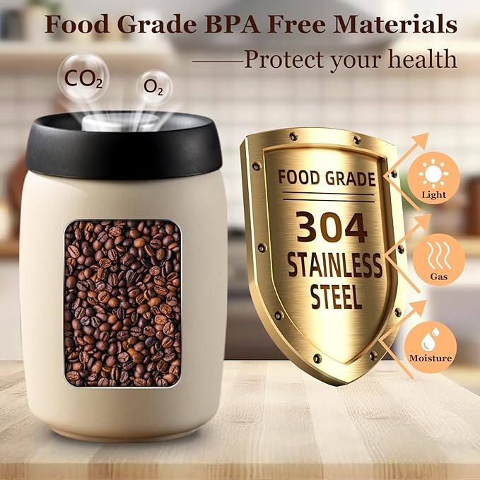 Vacuum Coffee Canister, Coffee Bean Storage with Scoop, Stainless Steel Airtight Food Storage Container, Perfect for Coffee Beans,Grounds,Loose Leaf Tea (1200ml*2 Cream White)