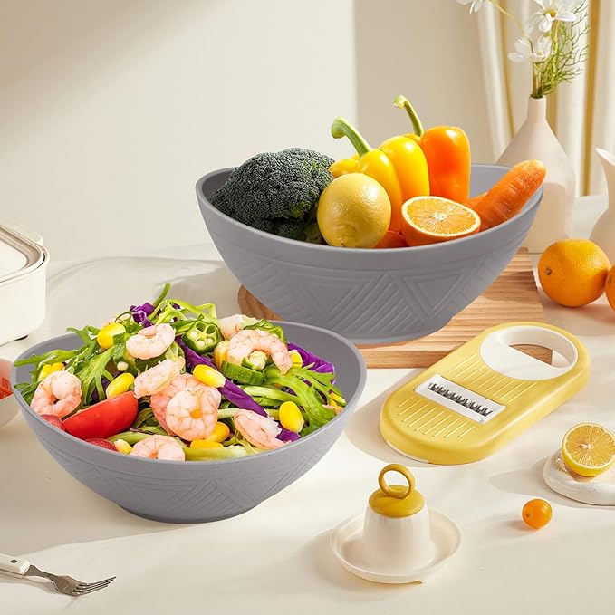 Homienly Wheat Straw Bowl Set Large Serving Bowls for Party 60 OZ Plastic Bowls Reusable Large Serving Dishes Microwave & Dishwasher Safe Prep Salad Bowls for Entertaining Bowl Set of 2 - Grey