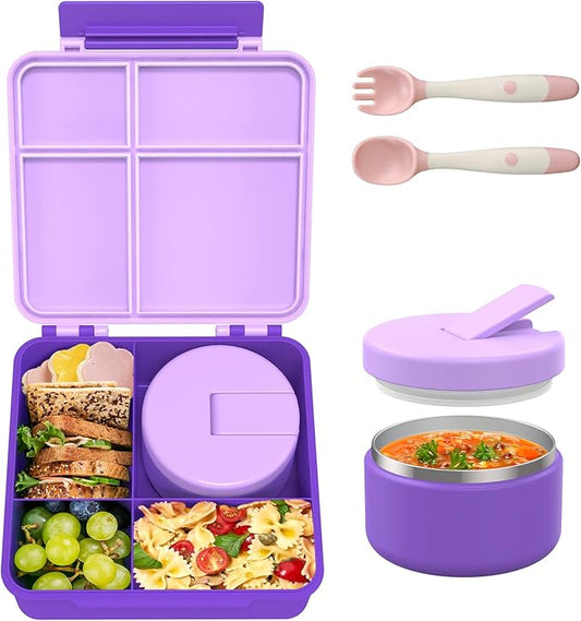 Bento Lunch Box with 8oz Soup Thermo, Leak-Proof Lunch Containers with 4 Compartment, Thermo Hot Food Jar and Insulated Lunch Box for School Purple