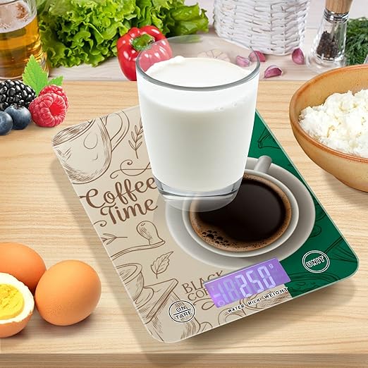 Food Scale Kitchen Digital Scale Food Ounces and Grams Dieting Baking Cooking Waterproof Glass Panels LCD Display,4 Units Scale Tare Function Coffee Time Wheat and Green