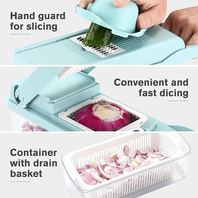 KEOUKE Vegetable Chopper 12in1 Veggie Chopper Slicer Cutter Food Dicer with Container Hand Guard Draining Basket, Blue