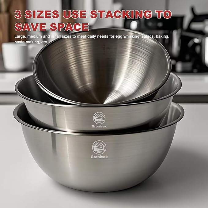 Stainless Steel Mixing Bowls, Three nested Large Mixing Bowls Stainless Steel with scale Perfect for Your Kitchen Needs Like Cooking,Baking, and Making Salads