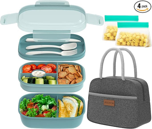 JBGOYON® Bento Lunch Box for Adults, Kids, Men, and Women – Includes Stackable Lunch Containers and Lunch Bag, Perfect for Boys and Girls, Microwave Safe and BPA-Free（Green ）