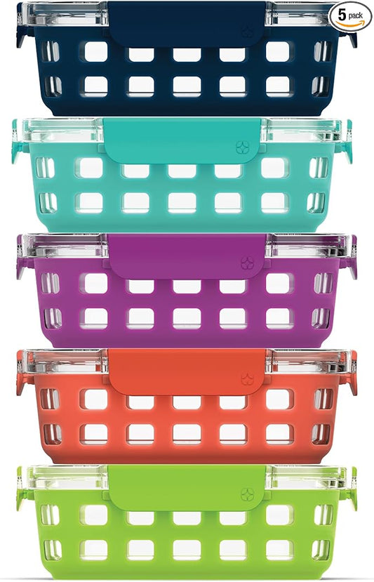 Ello Duraglass 3.4 Cup Meal Prep Sets 10Pc, 5 Pack Set- Glass Food Storage Container with Silicone Sleeve and Airtight BPA-Free Plastic Lids, Dishwasher, Microwave, and Freezer Safe, Fruit Salad