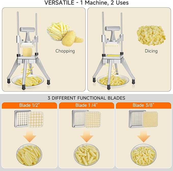 Commercial Vegetable Chopper, Stainless Steel French Fry Cutter, Heavy Duty Slicer for Onion,Carrots,Tomato,Mushroom (1/2"+3/8"+1/4" Blades)