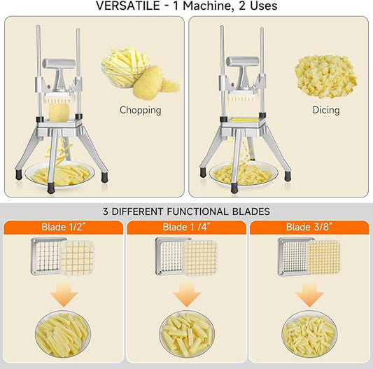Commercial Vegetable Chopper, Stainless Steel French Fry Cutter, Heavy Duty Slicer for Onion,Carrots,Tomato,Mushroom (1/2"+3/8"+1/4" Blades)
